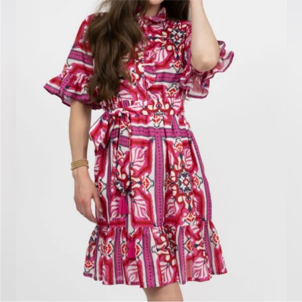 Pink Patterned Short-Sleeve Ruffled Dress - Picture 2 of 16